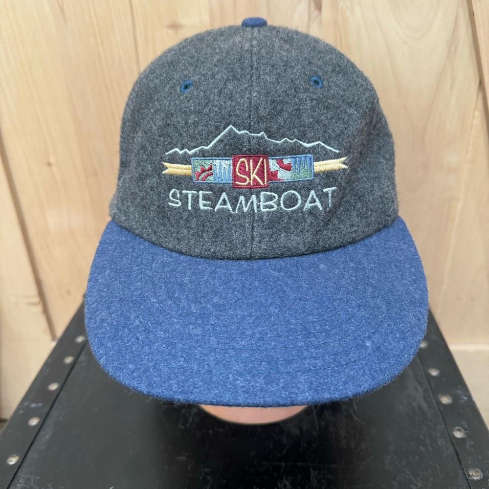 Vintage 80s Steamboat Ski Resort Wool Hat Trucker Adjustable Cap Gray Blue